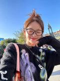 Vevesc Sweaters Women Loose Knitted Sueter Mujer O Neck Long Sleeve Pullovers Y2k Black Floral Print Korean Vintage Streetwear