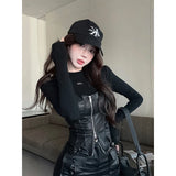 Vevesc Y2K Pu Leather T Shirts Women Fake Two Pieces Patchwork Crop Tops Streetwear Sexy Club Black Long Sleeve Zipper Bodycon Tees New