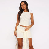 Vevesc Sexy Women 2 Pieces Set Tie Up Skirt And Crop Top Summer Outfits For Women 2024 Sleeveless Mini Dresses Suits