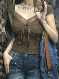 Vevesc American Retro Brown Textured Lace T-shirt For Women 2024 Summer V-neck Bow Tees Y2k E-Girl Slim Fit Short Sleeve Tops Female