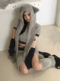 Vevesc Kawaii Y2k Knitted Sets Women Cat Ears Hat + Oversleeve + Slim Crop Top + Bandage Mini Skirt and Fluffy Leg Warmers Sexy Suits