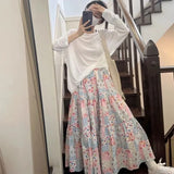 Vevesc Korean Sweet Patchwork Floral A-line Skirt for Women Y2k High Waist Skirts 2024 Summer New Loose Mid-length Faldas Mujer