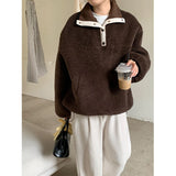 Vevesc Streetwear Lamb Wool Hoodies Women Oversized Drawstring Sweatshirt Vintage Korean Loose Casual Buttons Pullovers Tops