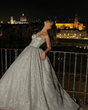 Vevesc Bling Bling Gray Long Evening Dresses With A Corset Bustier Sweetheart A-line Long Sparkle Formal Dress Maxi Gowns