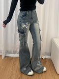 Vevesc Y2K Flare Low Rise Jeans Pants For Woman Cargo Baggy Trousers Aesthetic Streetwear Pockets Hippie Denim Bell Bottom CasualOutfit