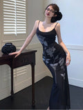 Vevesc Summer Harajuku Split Women Dress Slim Waist Tunic Sexy Sleeveless Printing Dresses Y2k Aesthetic Black Vintage Vestidos