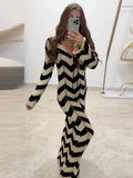 Vevesc Autumn New Lace Up Hollow Sexy Beach Cover Up Dress Women's  Stripled Long Sleeve Slim Elegant Knitted Maxi Dress V Neck