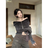 Vevesc Y2K Cropped Cardigan Women Slash Neck Gradient Sweater Coat Streetwear Off Shoulder Knitwear Korean Zipper Bodycon Jumpers