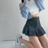 Vevesc  Denim Pleated Mini Skirt Vintage Sexy High Waist A-line Belt Women Embroidery Jean Short Skirt Summer Japanese Y2k