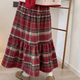 Vevesc Kawaii Vintage Plaid Long Skirt Women Japanese Style Autumn Winter Midi Skirts Red Ruffle Fashion Casual A-line Skirts