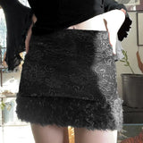 Vevesc Harajuku Vintage Flower Patchwork Lace Women Skirts Spliced Faux Fur American Y2k Aesthetic Short Skirt Sexy Slim Girl Bottom