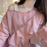 Vevesc Sweet Pink Cropped Hoodies Women Y2K Off Shoulder Cat Embroidery Print Sweatshirt Kawaii Loose Drawstring O Neck Pullover