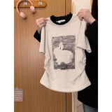Vevesc Sweet Cute Vintage Print Temperament Shirts Fairy Harajuku Japan Patchwork Lace O Neck Girl Clothing Y2k American Popular Tees
