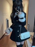 Vevesc Patchwork Woolen Coat Dress for Women Autumn New Slim Waist Dresses Y2k Long Sleeve Fur Lapel Neck Vestidos Mujer