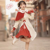 Vevesc Cheongsam Girly Dress Autumn And Winter Women Long Sleeve Chinese Style Red Embroidery Slim Dress With Shawl