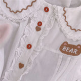 Vevesc Japanese Soft Girl Sweet Lolita Blouses Cute Bear Embroidery Doll Collar Shirts Women Preppy Style Loose White Long Sleeve Tops