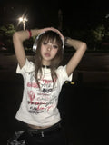Vevesc Japanese Y2k T-shirt Aesthetics 2000s Graffiti Tops Harajuku Graphic Print Short Sleeve Tshirt E-girls Goth Tees Grunge