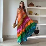 Vevesc  Elegant Contrast Long Dress Women Cascading Ruffle Sleeveless Halter Female Party Dresses 2025 Summer Loose Beach Lady Robes