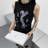 Vevesc Subcultural O Neck Sleeveless Tank Tops Harajuku Summer American Cute Print Y2k Aesthetic T Shirts Streetwear Ruffle Design Tops