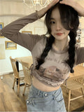 Vevesc Lace Up T Shirt Women Cat Graphic Crop Top Female O Neck Long Sleeve Top Y2k Ladies Korean Style Spring Autumn Harajuku Tops Tee