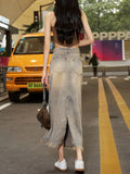 Vevesc Women Long Skirt Harajuku Korean Denim Skirt Y2k Emo 2000s Clothes 90s Fashion Vintage Gradient A-line Jean Skirt Grunge Clothes