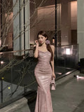 Vevesc  Evening Dress Women French Style Swinging Collar Shiny Sequin Folds Waist Slim Fishtail Long Dresses Temperament Summer