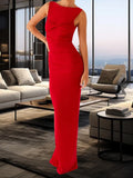 Vevesc  Elegant Sleeveless V-Neck Ruched Evening Gown with Side Slit and Embellished Waistband for Formal Events and Parties