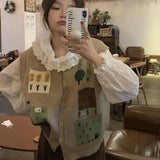 Vevesc Korean Spring Autumn Long Sleeve White Shirts Women Flare Sleeve Kawaii Collar Ruffle Blouse Knitted Vest Sets