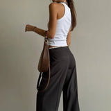 Vevesc  Simple Fake Two Loose Wide Leg Pants Spring and Summer Women Fashion High Waist Lace Up Design Interview Office Casual Pants