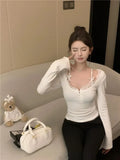 Vevesc Lace Design Long Sleeve T-shirt Women Autumn Winter Fake Two Pieces Sexy Slim-fit Base Top Korean Fashion Women Clothing