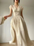 Vevesc  French Vintage Court Style Midi Dress Elegant V Neck Slim Wasit Party Prom Vestidos Summer One Piece Robe Female Clothes