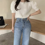 Vevesc Spring Summer Knitting T-shirts Simple Hemp Pattern O Neck Solid Knitted Tees Short Sleeve Korean Fashion Ropa De Mujer