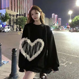 Vevesc Black Womens Clothing Vintage Street Sweatshirt Ins Pullover Hoodie Long Sleeves Casual Warm Oversize Baggy Ladies Tops Autumn