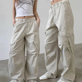 Vevesc Multiple Pockets Straight Trousers Women Summer Loose Thin Cargo Pants Y2k Grunge High Waist Casual Wide Leg