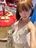 Vevesc Summer Y2k Aesthetic Halter Bandage Sweet Tank Top Women Print Backless Streetwear Ruffled Tanks Harajuku Fairy Cropped Tops