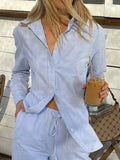 Vevesc  Blue Minimalism Boyfriend Stripe Shirts Women Single Breasted Turn Down Collar Long Sleeve Casual Loose Leisure Simple Clothes