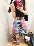 Vevesc American Street Cute Cartoon Print Pants for Women 2024 New Loose Wide Leg  Y2k Grunge High Waist Straight Trousers