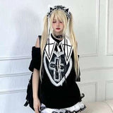 Vevesc Japanese Sexy Hollow Out T-shirt Women Embroidery Lace Cross Patchwork Graphic T Shirts Y2k Tee Black Fairy Grunge Gothic Tops