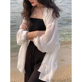 Vevesc White Sunscreen Shirt Women Sexy Backless Chiffon Sun Protection Cardigan Tops Summer Elegant Solid Loose Casual Blouse
