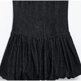 Vevesc  Women’s Black Waist-Cinching Ruffled Hem Denim Mini Dress Back Zipper Summer New Trendy Casual Party Club Streetwear For Woman