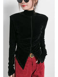 Vevesc Turtleneck Tshirts Women Front Side-slit Solid Color Soft Female Long Sleeve Tops Leisure Tees Autumn All-match Irregular Slim