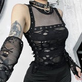 Vevesc Gothic Crop Tops Punk Tanks Trendy Camisole T-Shirt Women Sexy Fishnet Backless Steampunk Vest Clubwear for Rave Party