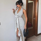 Vevesc  Polka Dot Floral Long Dress Women Fashion Sleeveless Neck Slit Spring Party Evening Dress Female High Waist Dress 2025