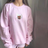 Vevesc Preppy Cute Embroidery Sweatshirts Y2k Aesthetic 00s Retro O Neck Hoodies Tops Women Autumn Loose Fit Long Sleeve Pullovers