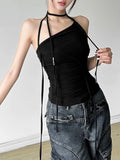 Vevesc Harajuku Sleeveless Crop Tank Top Vintage Y2k Aesthetic Sexy Bandage Halter Vest Summer Solid Pleated Camisole Fairy Grunge Tees