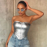 Vevesc Fashion Busiter PU Corset Top Sexy Going Outfits Tops Nightclub Tanks & Camis Summer Clothes Women Y2K Clothing