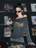 Vevesc Grunge Sweater Women Y2k Off Shoulder Knitted Pullover Punk Vintage Slim Fit Sexy Pulls Aesthetic 2000s Long Sleeve Jumper