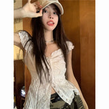 Vevesc Korean Fashion V-neck Fungus White Blouses Y2k E-Girl Slim Fit Ruched Shirts Women 2024 Summer New Short Sleeve Blusas Mujer