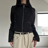 Vevesc Streetwear Vintage Solid Rivet Grunge Crop Coats Women Loose Y2k Aesthetic Zipper Jacket Casual Harajuku Pocket Tops Streetwear