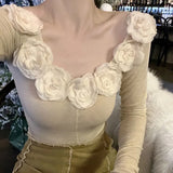 Vevesc French Elegant High End Flower Appliques O Necklong Sleeve Tops Y2k Aesthetic Harajuku American Base Shirts Temperament Tees